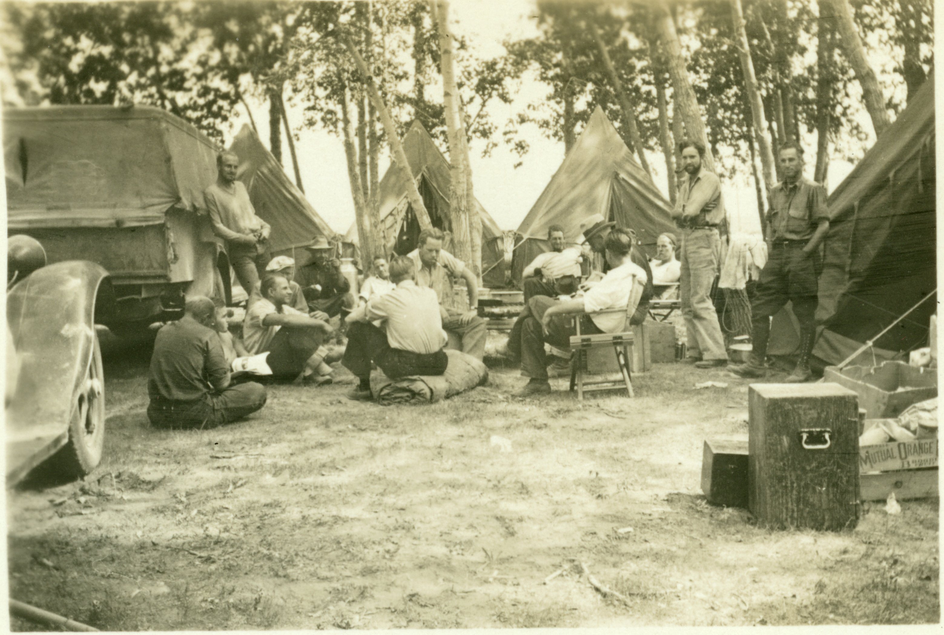 Most of the crew together at a Sunday afternoon in camp
