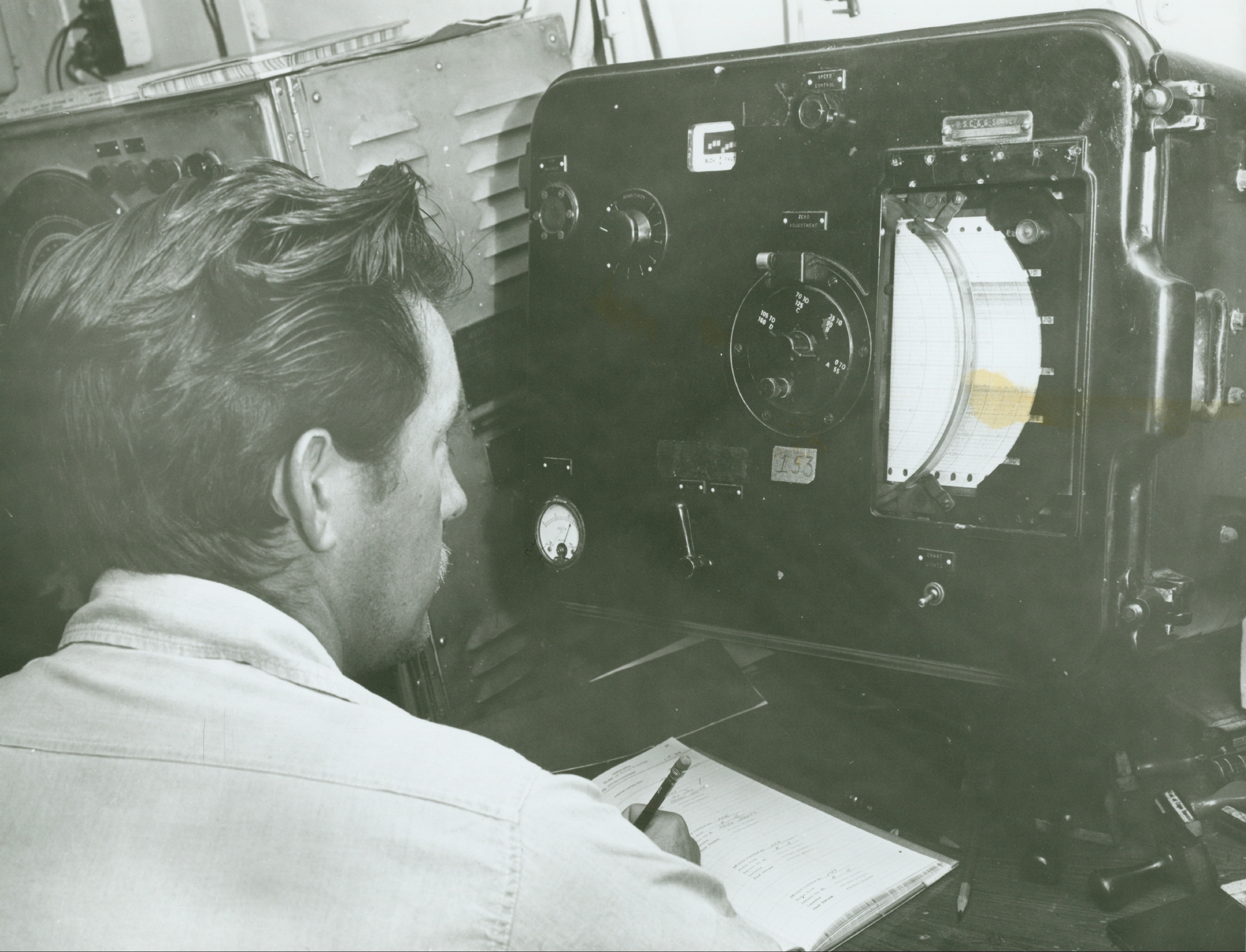 Recorder noting depths as showing on 808 Fathometer display