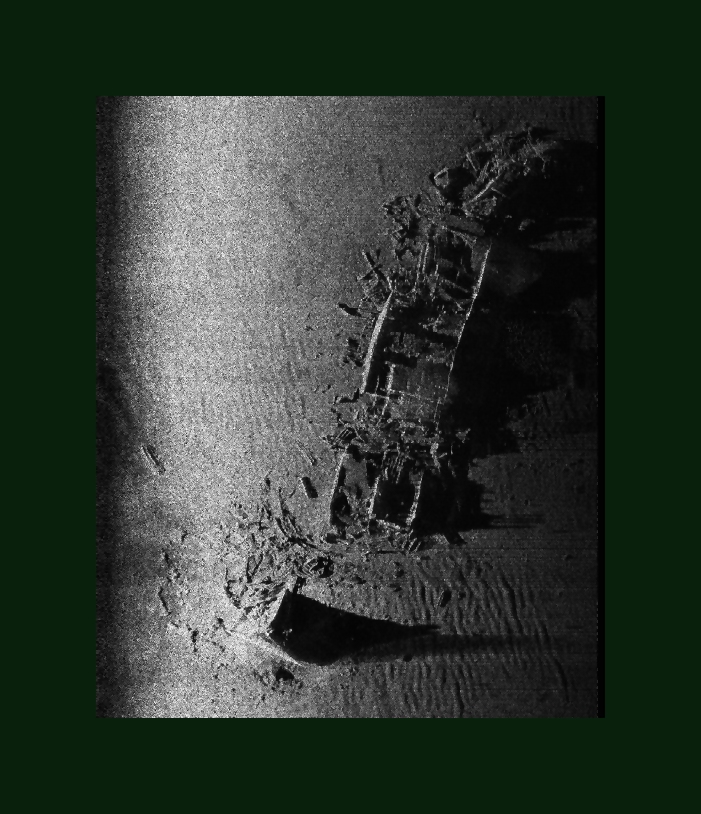 Side scan sonar image of debris field of ship wreck