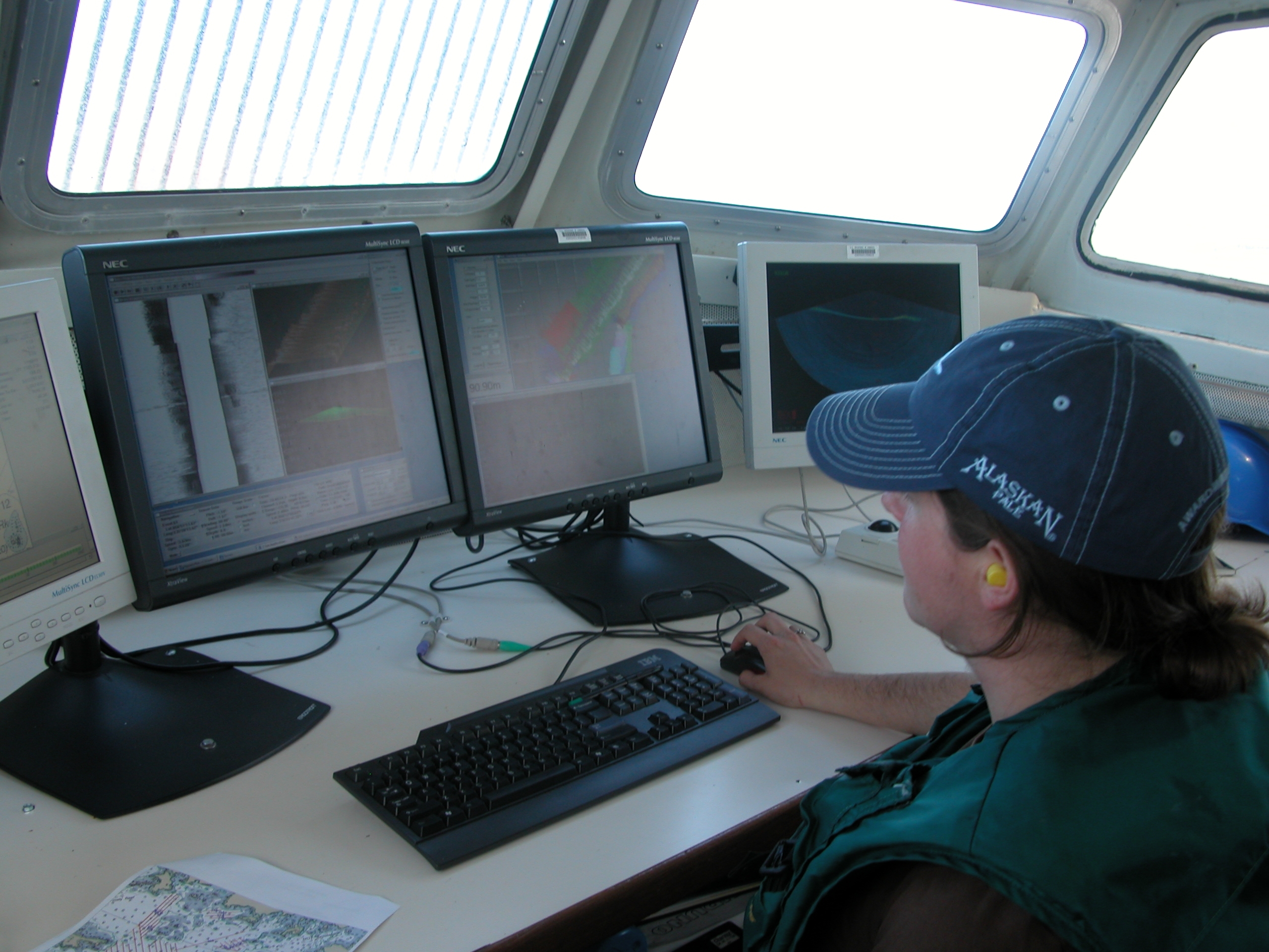 Monitoring both side scan and multi-beam data acquisition systems whiledoing launch hydrography off the NOAA Ship RAINIER