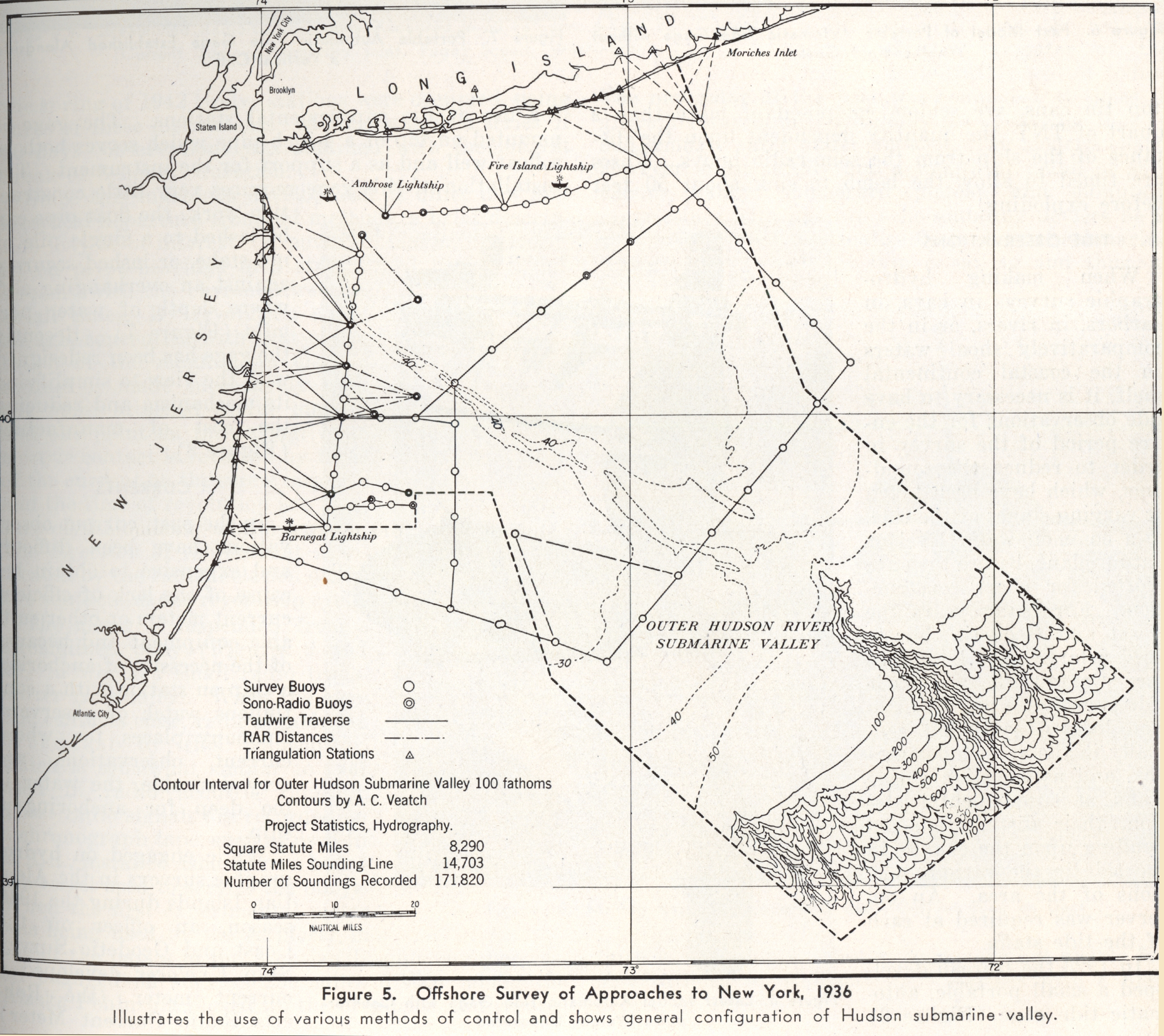 Offshore survey of the approaches to New York in 1936 showing delineation ofHudson Canyon and other previously unknown canyons