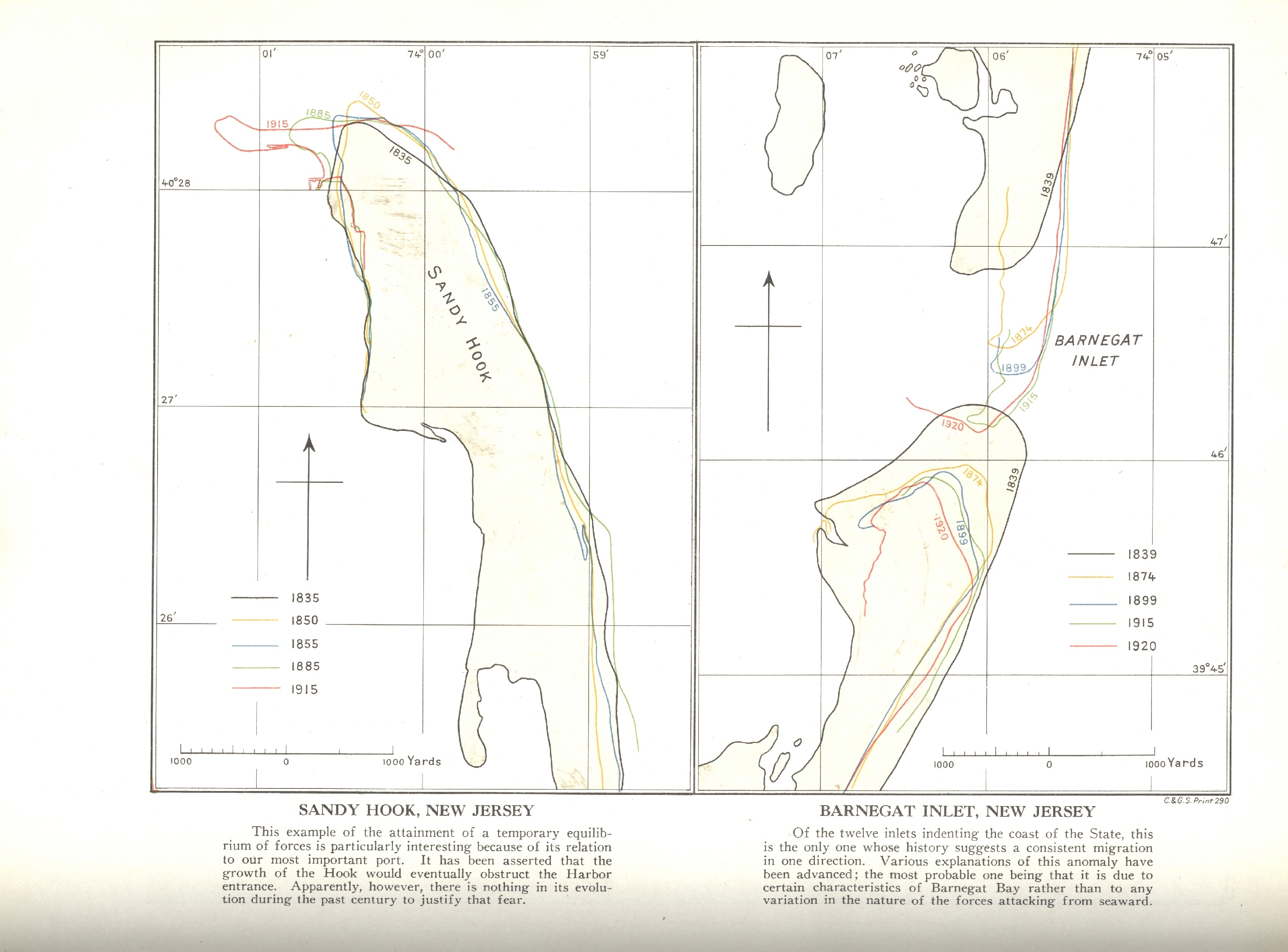 Studies of changing configurations of barrier islands through time in thevicinity of present day Sandy Hook and Barnegat Inlet, New Jersey