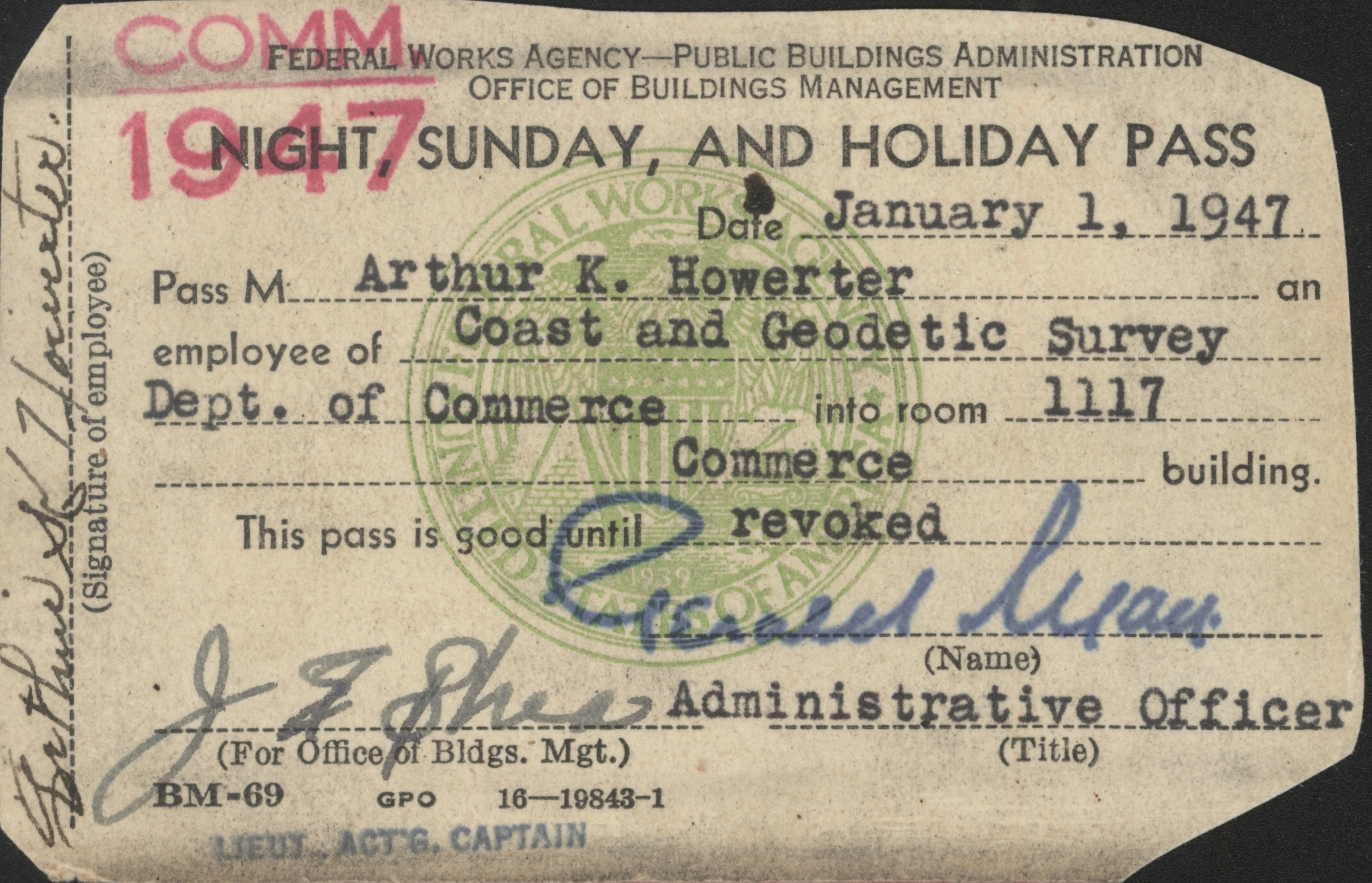 Night and holiday pass to get into Commerce Building for Arthur Howerter, aCoast and Geodetic Survey employee