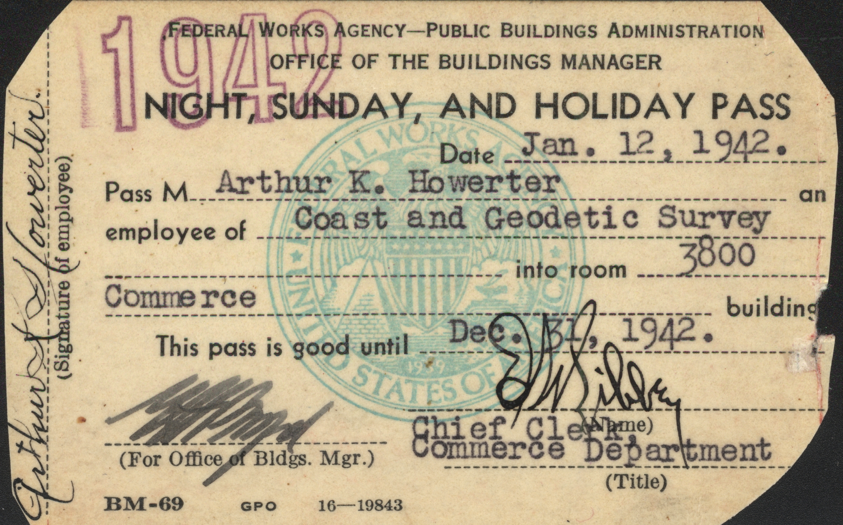 Night and holiday pass to get into Commerce Building for Arthur Howerter, aCoast and Geodetic Survey employee