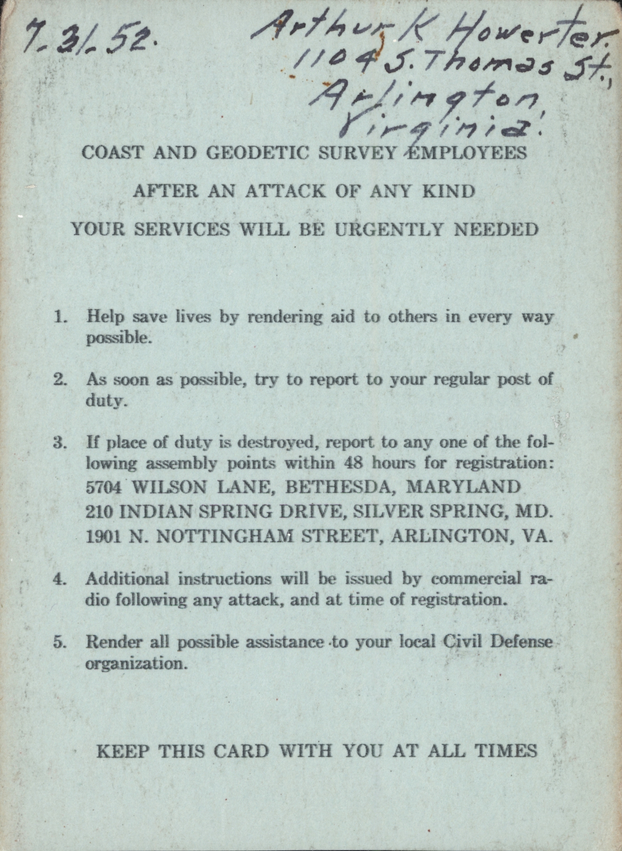 Cold War era instructions telling employees where to assemble in the event themain work place was destroyed in an attack