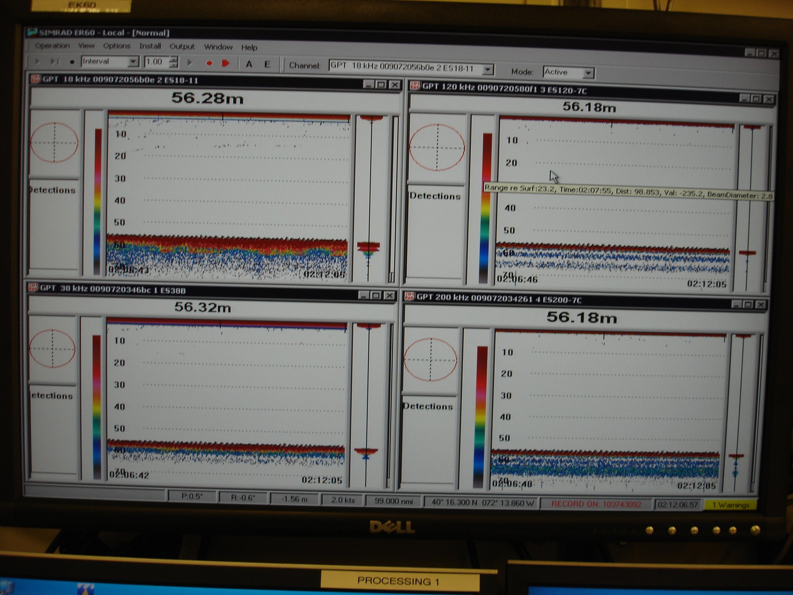 Acoustic monitoring screen on the HENRY BIGELOW showing bottomconfiguration