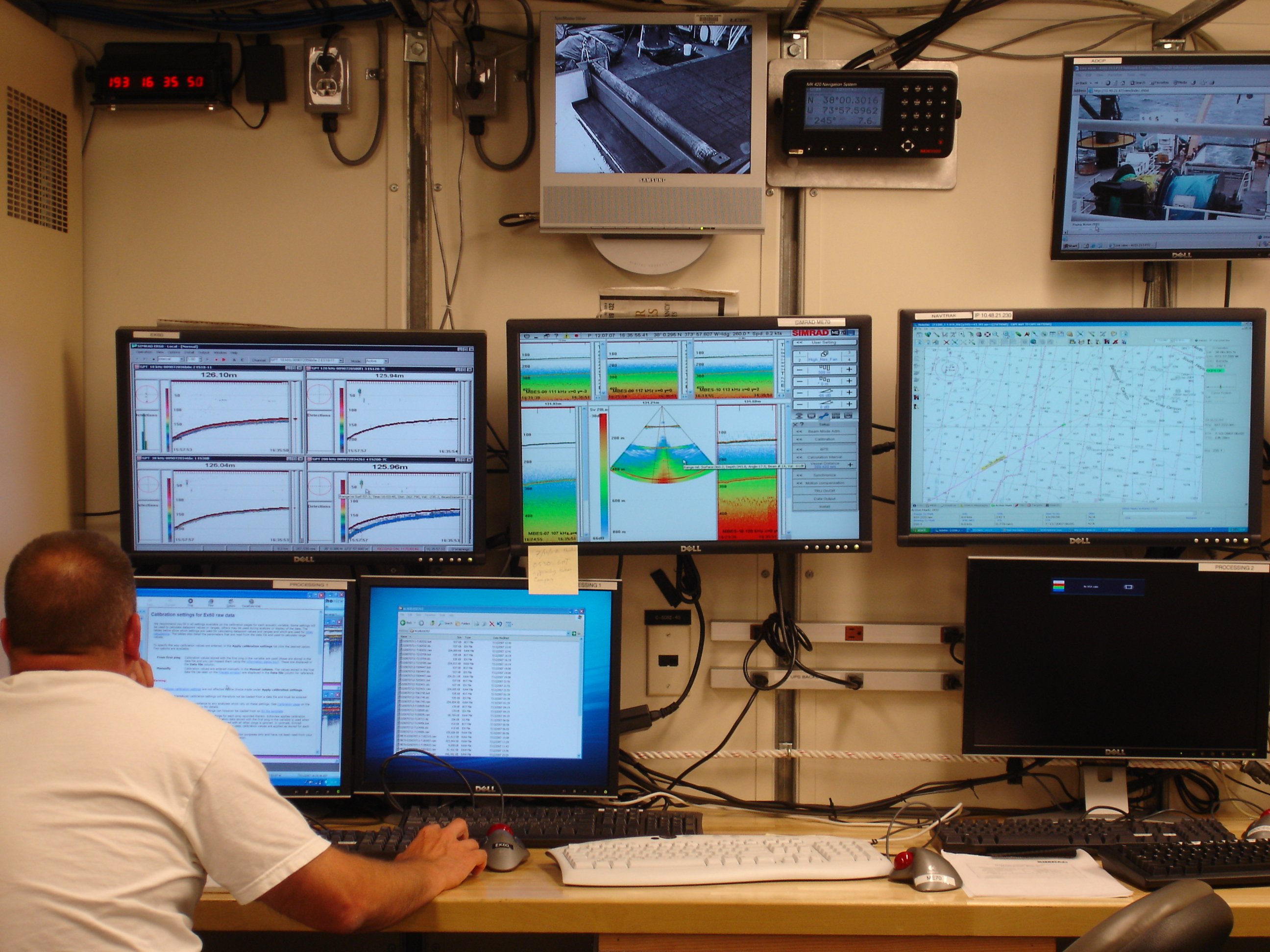Work station on HENRY BIGELOW monitoring depth, water column, chartedposition, status of after-deck operations, etc
