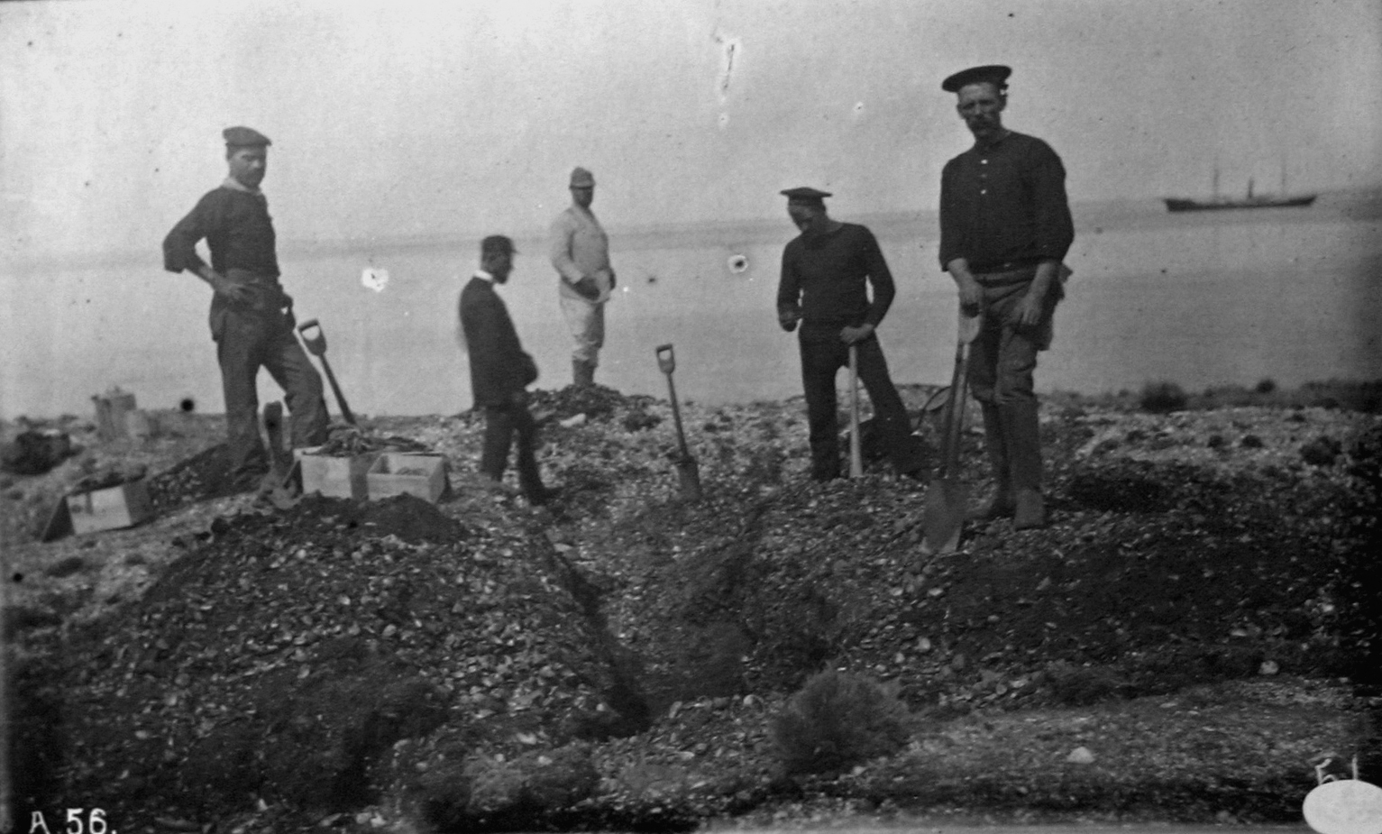 Kitchen midden at Elizabeth Island, Strait of Magellan as excavated bythe Albatross party with the Albatross at anchor, 1888