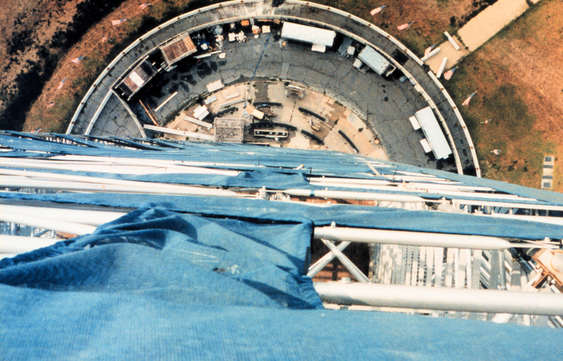 Looking straight down the west side of the scaffolding surrounding theWashington Monument from the 500-foot level