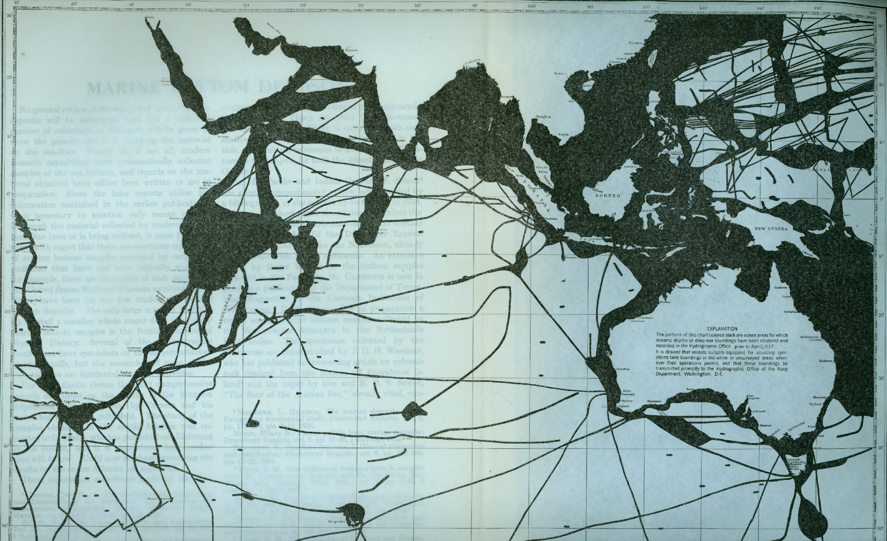 Distribution of surveyed areas and survey lines in the Indian Ocean