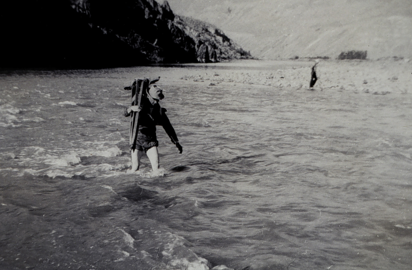 Fording river during the course of the day's leveling