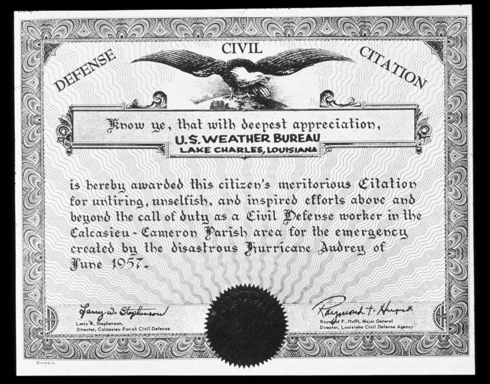 Certificate of appreciation for the Weather Serviceoffice at Lake Charles, Louisiana, following the passage of Hurricane Audrey