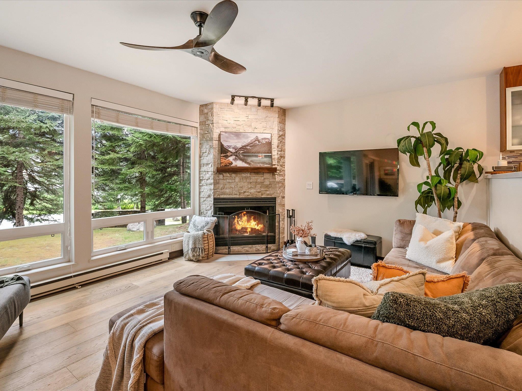 Conveniently located in the Blackcomb Benchlands, this privately situated townhome is just a short stroll from the base of Blackcomb & Lost Lake Park, & within easy access to Whistler Village via the free shuttle bus. An open floor plan welcomes an abundance of natural light throughout from the large window wall bordering the living area & sliding doors that open to a covered patio for year-round enjoyment. The functional layout is equipped with two well-proportioned bedrooms, in-suite washer/dryer, plus cozy fireplace to relax by after a day on the mountain, along with ample storage. Zoned for nightly rentals & unlimited owner usage, this low maintenance mountain retreat offers great revenue potential as well as underground parking with charging stations. No GST.