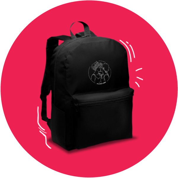 The picture shows a black backpack with a white outline of two people kissing.