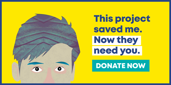 Illustration of a boy, over a yellow background. The text reads: This project saved me. Now they need you. Donate now.