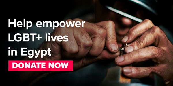 The image portrays the act of printing and reads: Help empower LGBT+ lives in Egypt. DONATE NOW