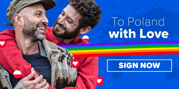Two people hugging in front of the map of the world. Text: To Poland With Love. Sign Now