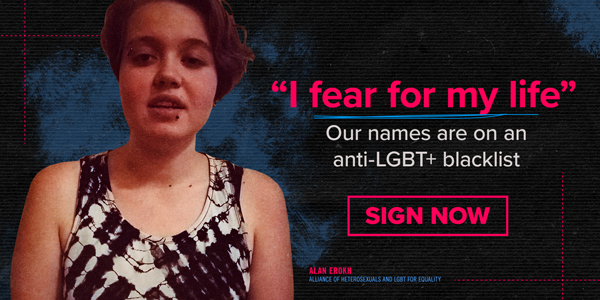 The photo portrais Russian activist Alan Erokh. The image reads: I fear for my life. Our names are on an anti-LGBT+ blacklist. Sign now
