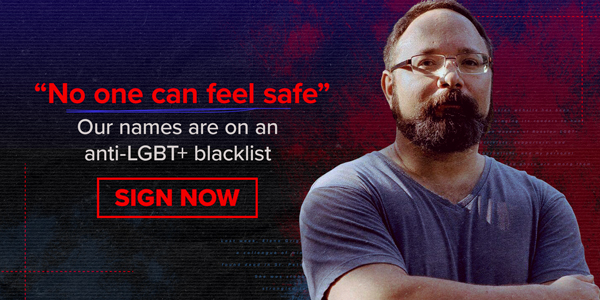 The photo portrais Misha Tumasov. The image reads: No one can feel safe. Our names are on an anti-LGBT+ blacklist. Sign now