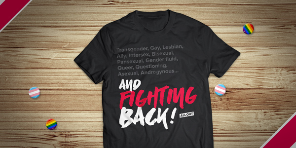 The image shows All Out's black Fighting Back t-shirt