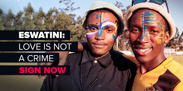 The image portrays two Emaswati boys and reads eSwatini: Love is not a crime. Sign now.