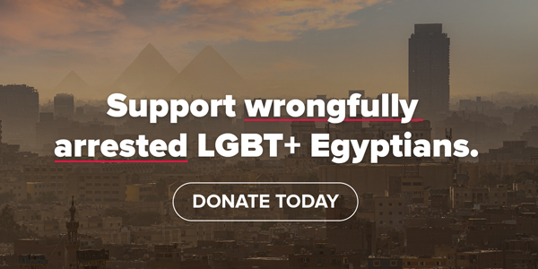 The image shows the dusty skyline of Cairo. The text reads Support wrongfully arrested LGBT+ Egyptians. Donate today.