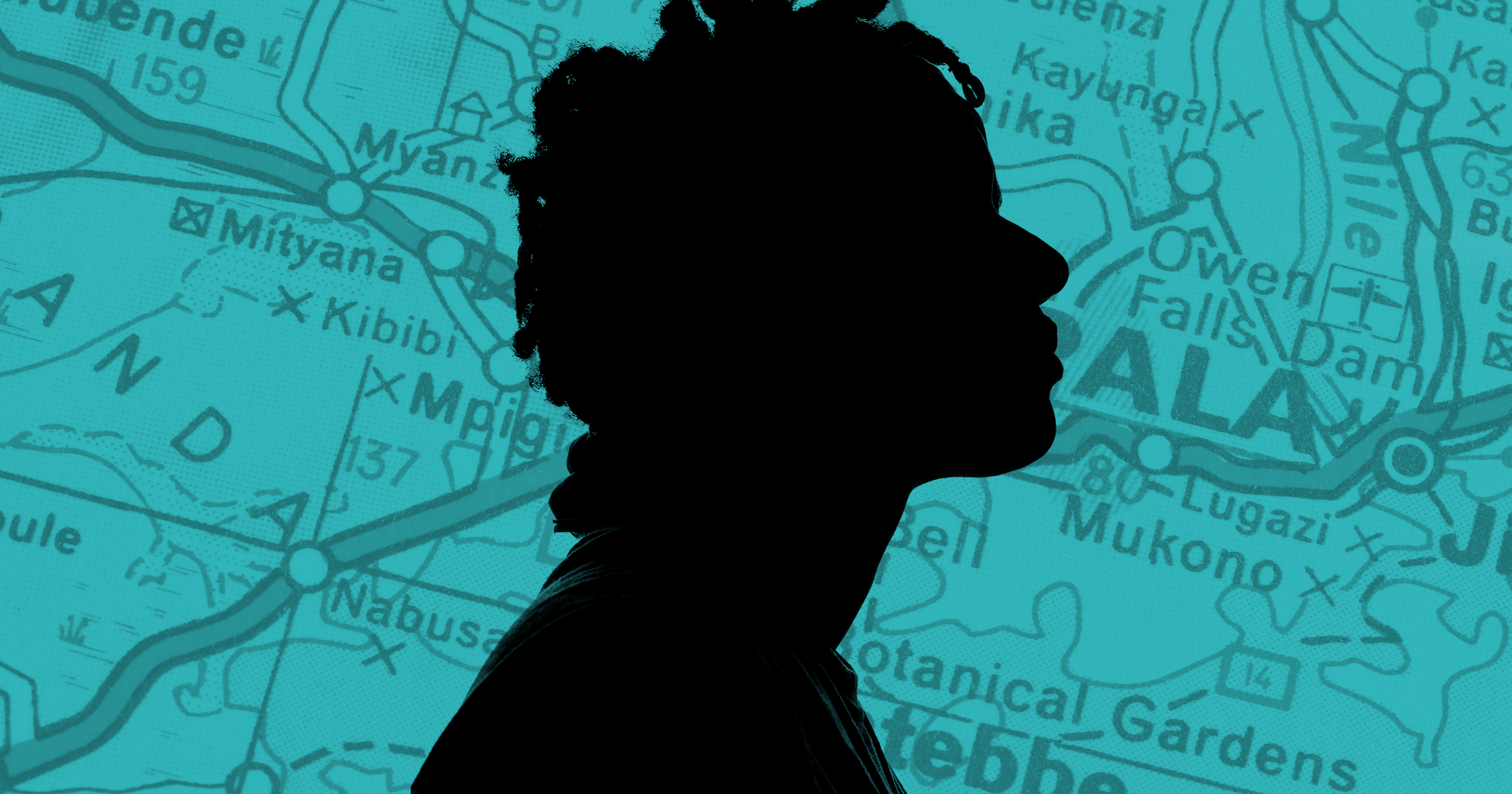 A silhouette of a person against a map of Uganda