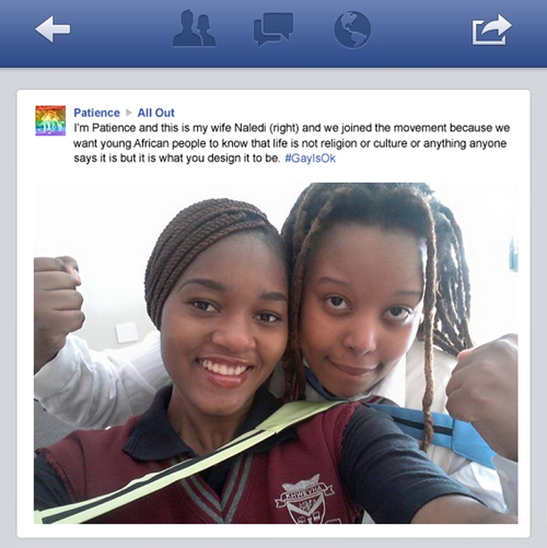 Screenshot of a post on Facebook. The photo is of two African women, called Patience and Naledi. The message reads 'we joined the movement because we want young African people to know that life is not religion or culture or anything anyone says it is but it is what you design it to be. #GayIsOK' 