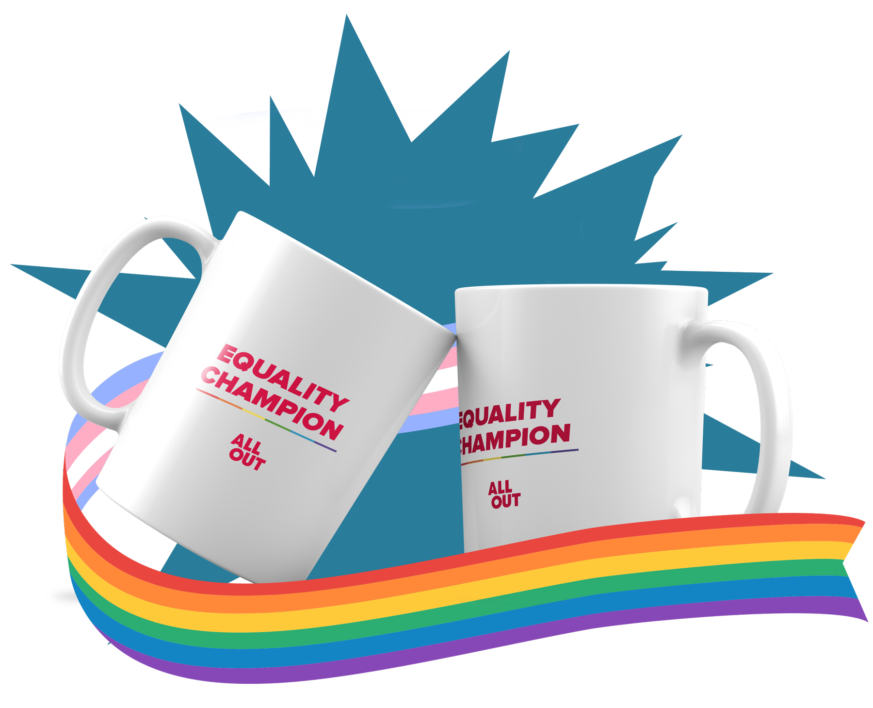 The image shows two white mugs, which are the present each person would receive if they become Equality Champions. The mugs have a red printed text that say Equality Champion