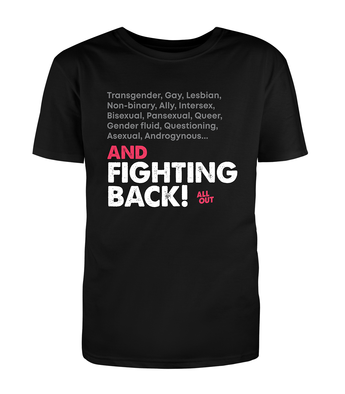 Image of a Black Tshirt that reads, Transgender, Gay, Lesbian, Non-binary, Ally, Intersex, Bisexual, Panseuxal, Queer, Gender fluid, Questioning, Asexual, Androgynous And Fighting Back!