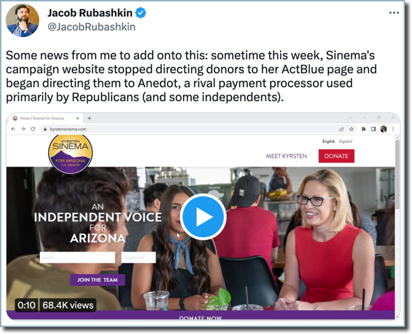 Turn on images to see the tweet about Sinema fundraising on a Republican website.