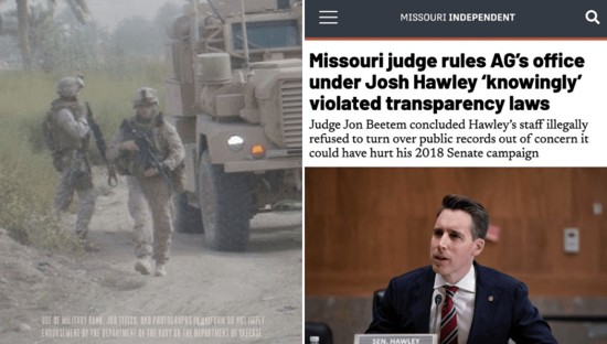 Lucas Kunce in battle gear. Headline about Josh Hawley violating transparency laws.  Turn on images to see this.