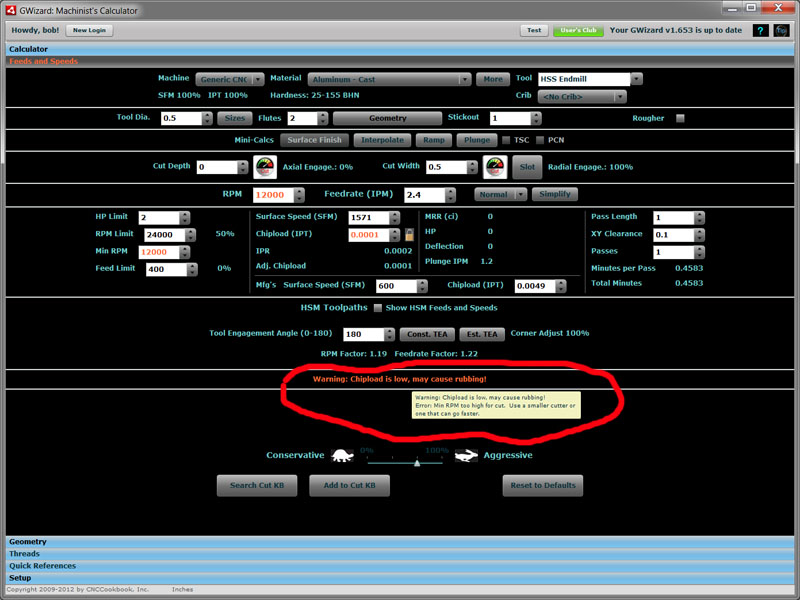 Rubbing warning when chipload is too low
