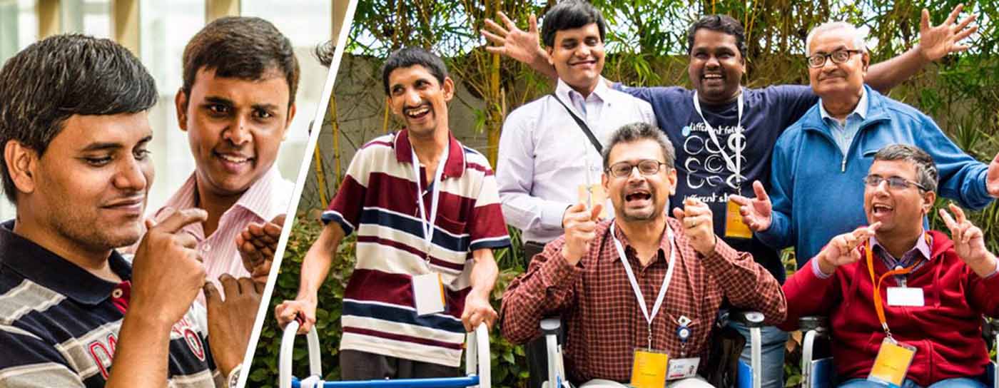 A banner running from left to right of the screen, is divided into two frames. Left picture shows two persons signing. The right picture shows a group of persons with different disabilities standing together.