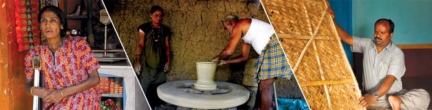 Collage of persons with disability in self employment activities such as pottery, kirana shop, sericulture.