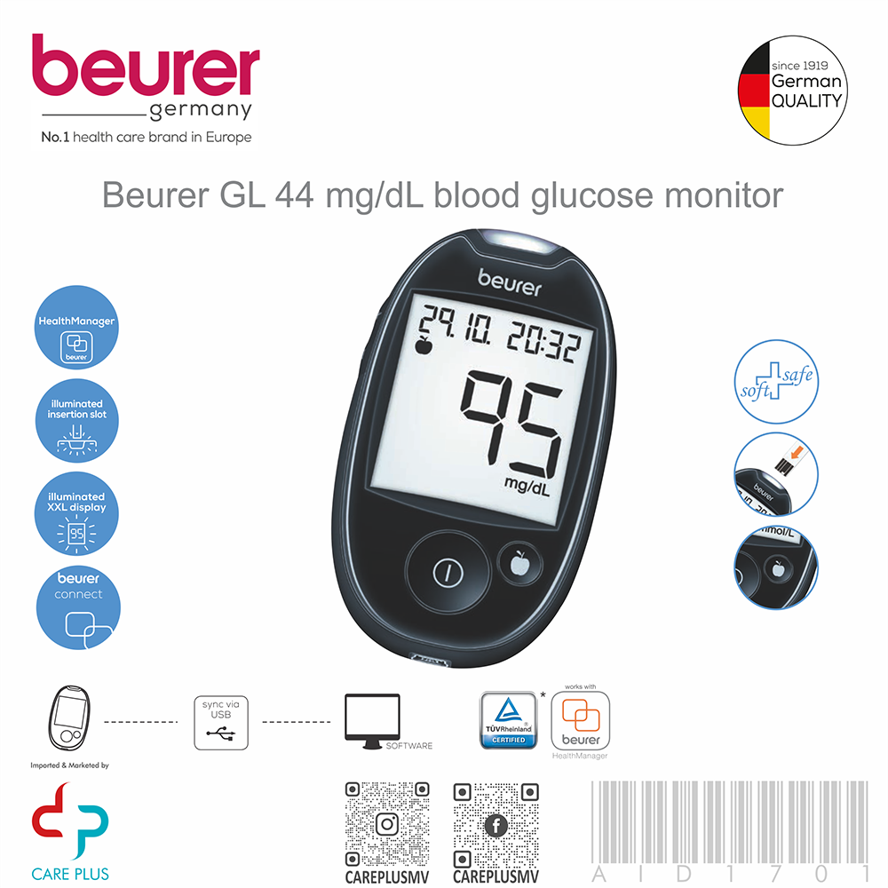 eTukuri Products Beurer Glucose MonitorBlack with 50 Strips GL44