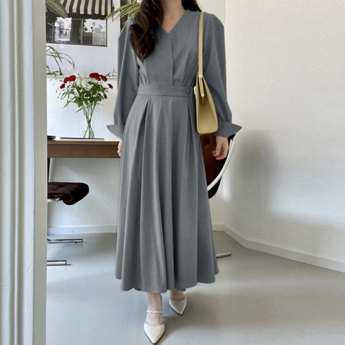eTukuri - Products | Korean Style Long Sleeve V Neck Pleated Dress