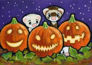 Jack o Lanterns Halloween Ferrets - Ferret Art Print - by Shelly Mundel