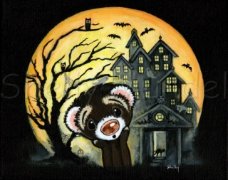 Halloween Scary Haunted House Moon - Ferret Art Print - by Shelly Mundel