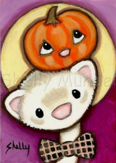 Halloween Ferret Pumpkin Moon - Ferret Art Print - by Shelly Mundel