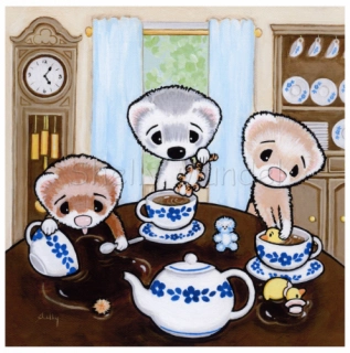 Whimsical Ferret Art Print- Tea Party - by Shelly Mundel