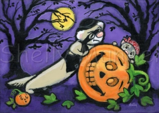 Spooky Night Halloween Ferret Pumpkin - Ferret Art Print - by Shelly Mundel