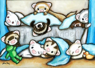 Ferret Art Print Playing in Bed- by Shelly Mundel