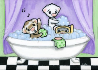 Bath Time - Ferret Art Print - by Shelly Mundel