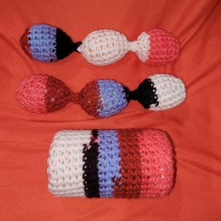 3 Piece Striped Hot Pink Red Purple Eggs Crochet Shaky/Rattle/Stash Ferret or Pet Toys Eggs Play Bulk Set#A5