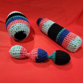 3 Piece Striped Blue Pink Black Green Eggs Crochet Shaky/Rattle/Stash Ferret or Pet Toys Eggs Play Bulk Set#A13