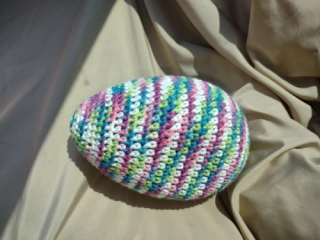 LARGE Crocheted Green Pink Shaky Rattle 6 Inch Size Flat Bottom Egg Ferret or Pet Cat Toy for Rolling or Hauling