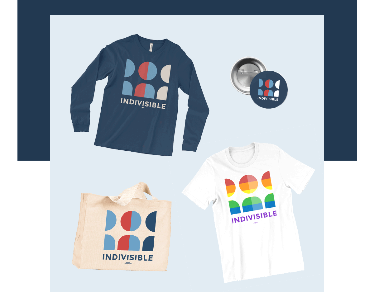 Image of navy long-sleeve t-shirt with Indivisible logo on front, white t-shirt with indivisible logo in pride colors on front, navy button with Indivisible logo centered, and canvas tote bag with Indivisible logo on front.