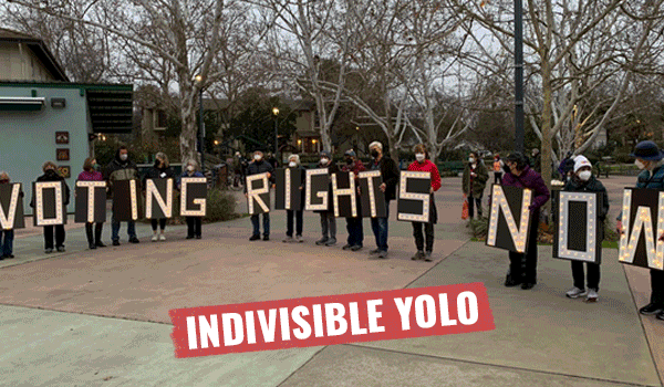 Photos of Indivisible groups rallying outdoors and taking action on democracy and voting rights