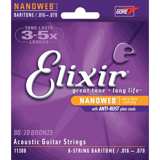 Elixir 11306 80/20 Bronze ((8 String)) Baritone Acoustic Guitar Strings with NANOWEB. 16-70